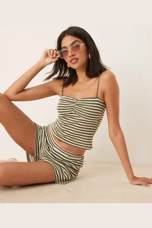 ASOS Top a rayas verdes fruncido de tirantes de croché texturizado de (parte de un conjunto)-Multicolor