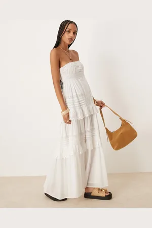 ASOS Vestido largo con escote palabra de honor, jaretas y volantes de encaje de