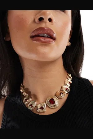 ASOS Collar con diseño de eslabones circulares repujados con detalles estilo piedras semipreciosas de