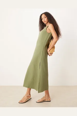 ASOS Vestido midi verde con cuello ancho de mezcla de lino de