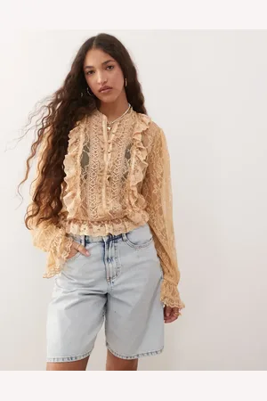 Miss Selfridge Blusa color abotonada con ribete de encaje Heritage de -Blanco