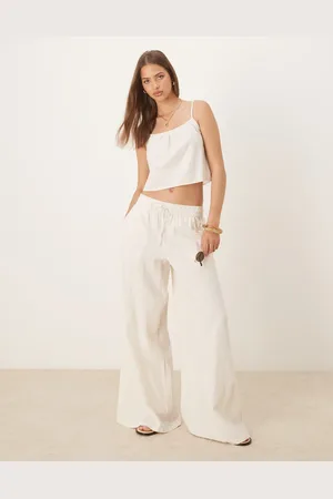 VILA Pantalones color crema de pernera muy ancha de tejido efecto lino de (parte de un conjunto)-Blanco