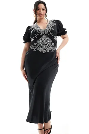 ASOS Vestido de tarde midi con bordados de satén de ASOS DESIGN Curve