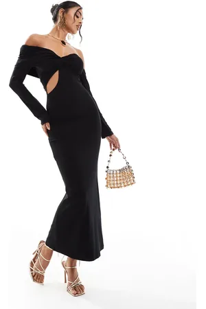 ASOS Vestido midi con abertura moldeada delantera y escote Bardot con detalle retorcido de