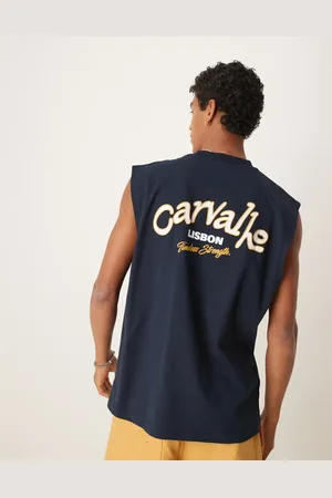 ASOS Camiseta azul marino extragrande sin mangas con gráfico de texto de ciudad de