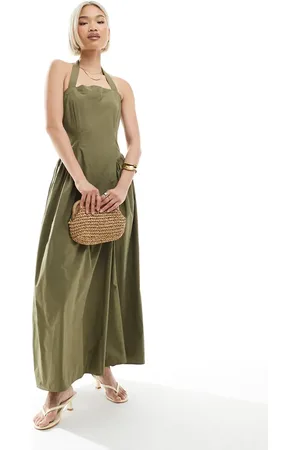 4th & Reckless Vestido largo verde con cuello cuadrado halter y detalles plisados en la cadera de algodón de