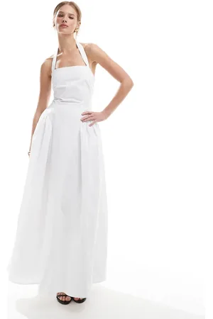 4th & Reckless Vestido largo con cuello cuadrado halter y falda abullonada de