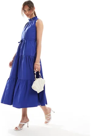 French Connection Vestido semilargo azul escotado con cuello alto de popelina de