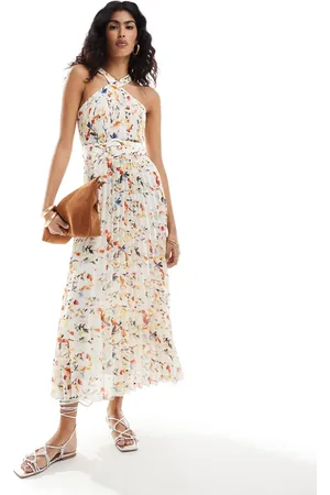 Style Cheat Vestido midi con estampado floral, cuello halter y bajo plisado de