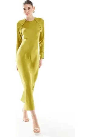ASOS Vestido largo amarillo verdoso de corte al bies con detalle de botones de satén de -Verde