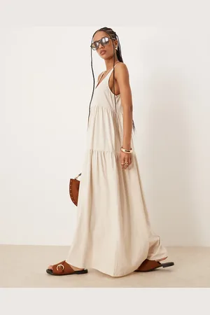 ASOS Vestido largo color escalonado de corte trapecio con cuello ancho de -Blanco