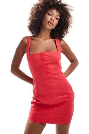 Kaiia Vestido de sastre corto sin mangas con escote cuadrado de mezcla de lino exclusivo de