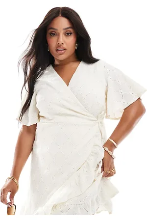 VILA Vestido corto color crema cruzado con bordado inglés de punto de -Beis neutro