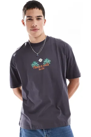ASOS Camiseta gris carbón extragrande con estampado gráfico de paisaje de