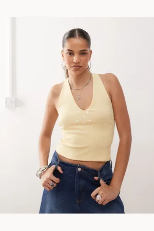 COLLUSION Top amarillo pastel de cuello halter con botones nacarados de -Blanco