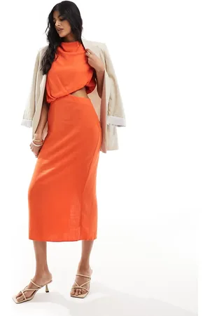ASOS Vestido midi sin mangas con detalle de abertura en la cintura de lino de