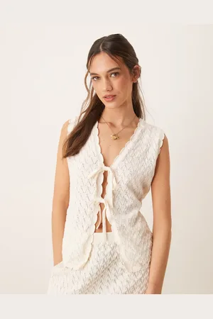 ASOS Cárdigan color con lazada delantera de punto de croché de (parte de un conjunto)-Blanco