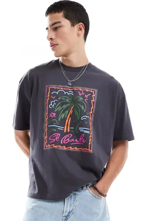 ASOS Camiseta gris carbón extragrande con estampado gráfico de palmera de