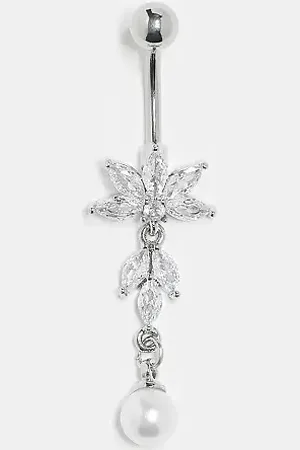Kingsley Ryan Piercing para el ombligo plateado de acero con diseño de flor de loto y perla de