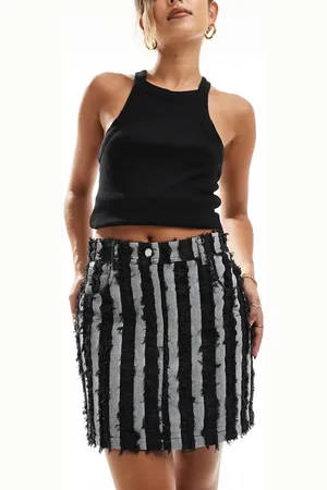 Object Minifalda vaquera con lavado negro y rayas de denim sin rematar de -Azul