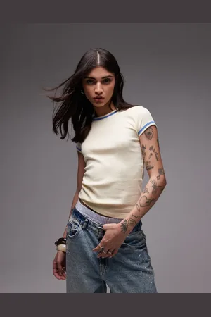 Topshop Camiseta amarillo crema básica con detalle en contraste de