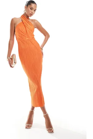 ASOS Vestido midi plisado con cuello halter retorcido de
