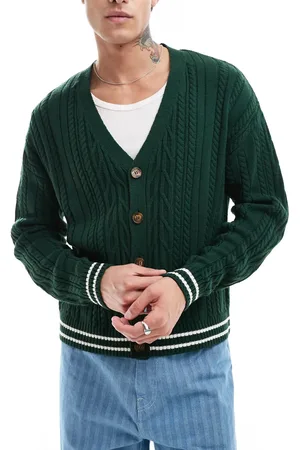 ASOS Cárdigan de corte cuadrado holgado con ribetes color crema de punto de ochos de