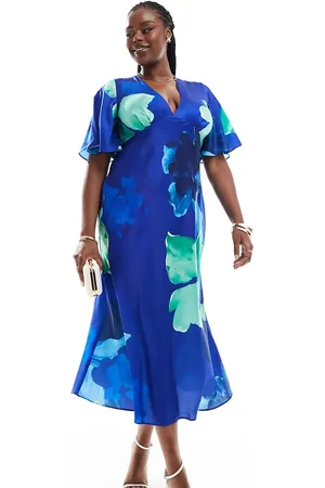 ASOS Vestido midi azul con mangas fluidas y estampado floral de satén de ASOS DESIGN Curve-Multicolor