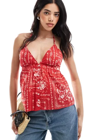 Hollister Top rojo sin mangas con estampado de cachemir, cuello halter y espalda abierta de