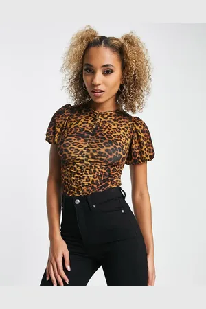 ASOS Body fruncido y ceñido con mangas abullonadas y estampado de leopardo de -Multicolor