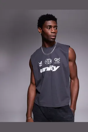 ASOS Camiseta gris carbón sin mangas de corte cuadrado extragrande con estampado deportivo de texto de