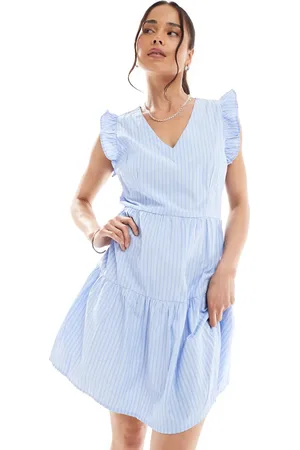 VERO MODA Vestido corto azul y blanco a rayas escalonado de