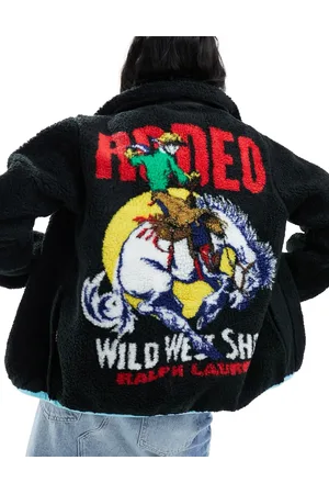 Ralph Lauren Chaqueta negra con estampado de rodeo en la espalda de borreguito tipo sherpa de