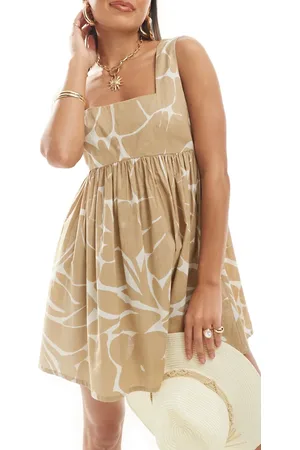 ASOS Vestido playero corto con estampado , cuello cuadrado y lazada en la espalda de -Blanco