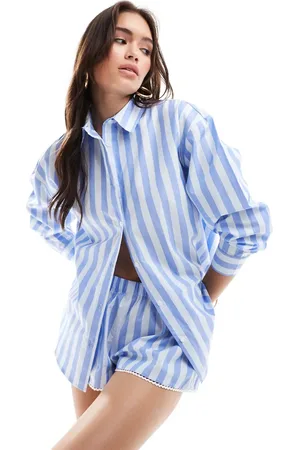 Cotton On Pijama a rayas azules de pantalones cortos y camisa de manga larga de popelina de Cotton On-Amarillo