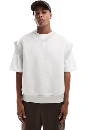 ASOS Sudadera gris jaspeado extragrande sin mangas con cuello de pico de tejido efecto neopreno de -Blanco