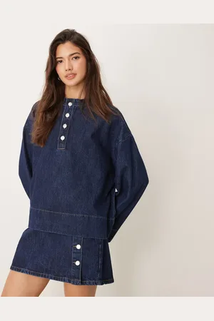 ASOS Top vaquero azul añil con cuello panadero con botones de