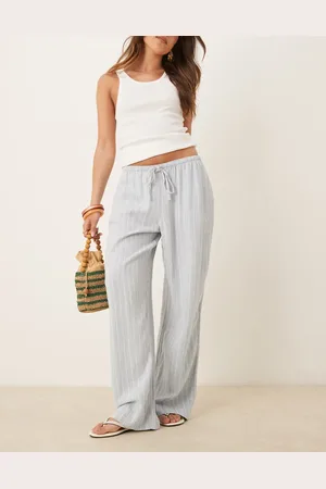 Abercrombie & Fitch Pantalones azules a rayas de pernera ancha sin cierres con lazada de mezcla de lino de