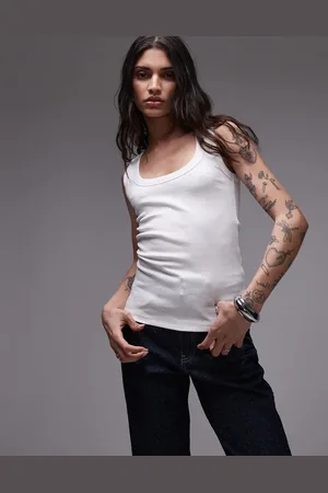 Topshop Camiseta blanca de tirantes con cuello ancho de canalé de
