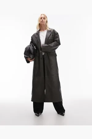 Topshop Abrigo negro lavado de cuero auténtico premium de