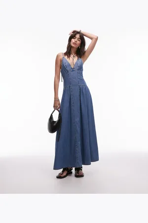 Topshop Vestido vaquero largo fruncido con detalle de costuras de