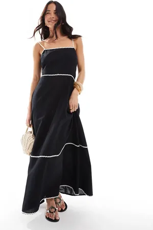 Esmée Vestido playero largo negro con detalle de ribetes en zigzag blancos exclusivo de Esmee-Multicolor