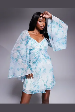 ASOS Vestido corto azul fruncido con mangas desmesuradas y estampado floral de -Multicolor