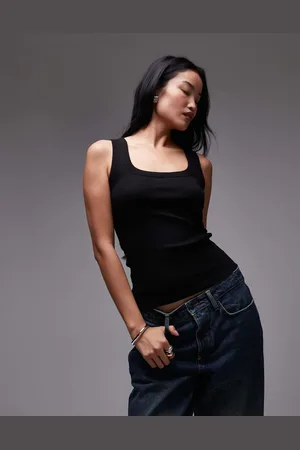 Topshop Camiseta negra sin mangas con cuello ancho de canalé de