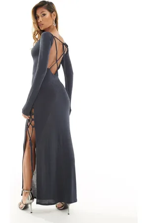 ASOS Vestido largo ceñido de manga larga con cuello ancho y lazadas laterales de -Marrón