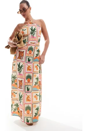 VERO MODA Vestido largo con estampado de postales tropicales y cuello halter de -Multicolor