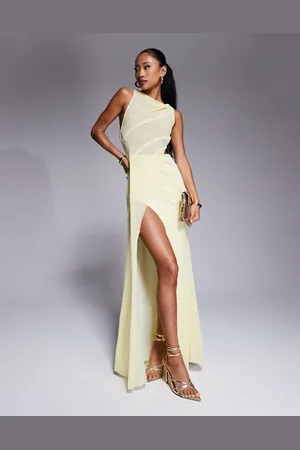 ASOS Vestido largo amarillo pálido con detalle de costuras de tejido semitransparente de