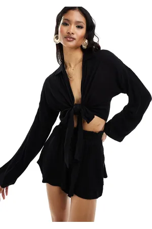 ASOS Camisa negra texturizada de manga larga con lazada en la parte delantera de (parte de un conjunto)