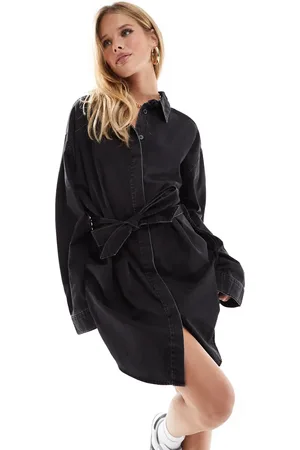 ASOS Vestido vaquero corto lavado estilo camisa con cinturón de