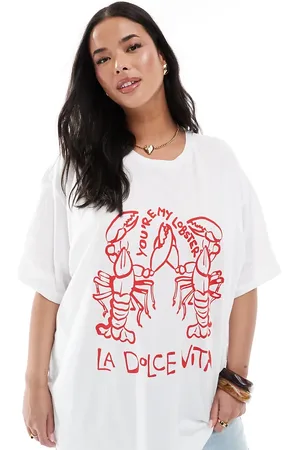 VERO MODA Camiseta blanca de corte boyfriend extragrande con estampado gráfico de langosta de